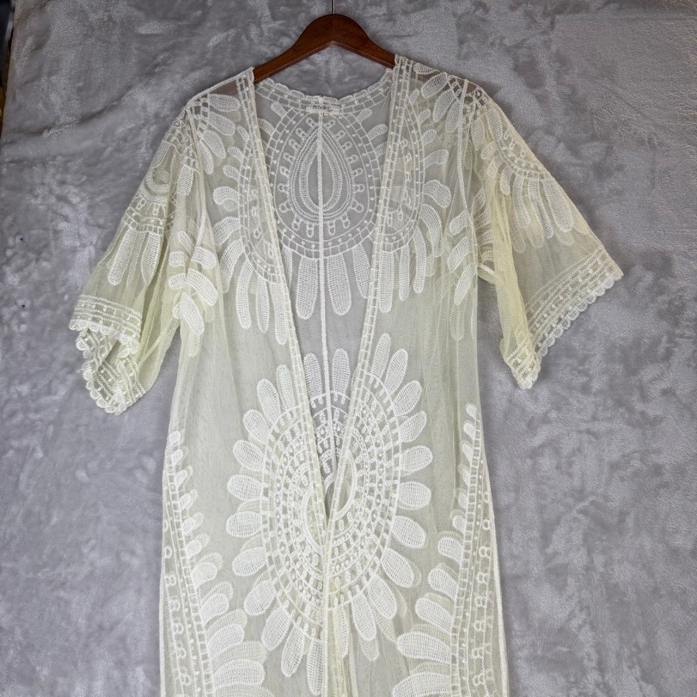 Boho Indie Crochet Lace Kimono Cardigan Duster Ivory Boho Festival Sheer M